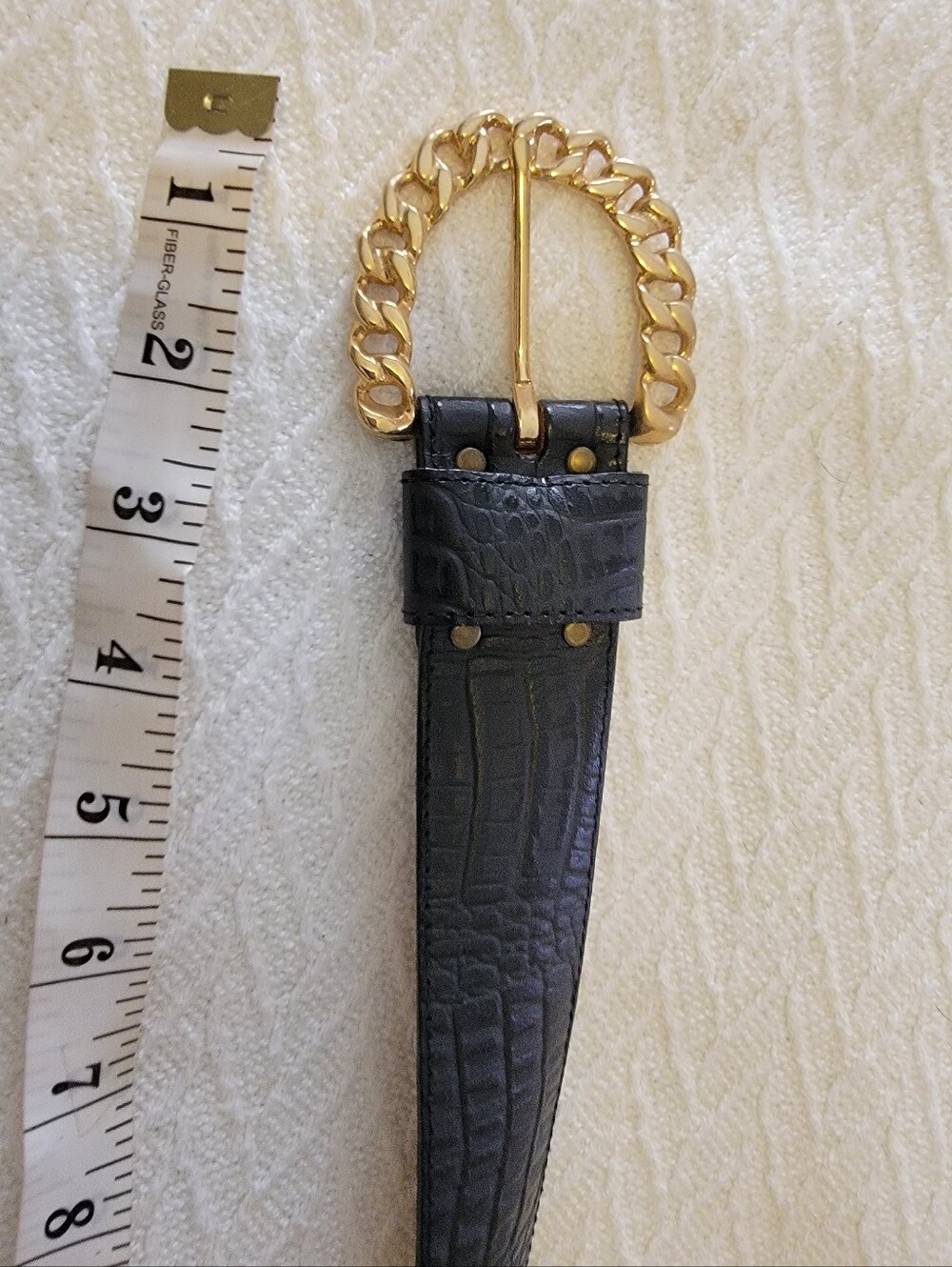 Vintage Black Croc-Embossed Belt with Gold Chain Buckle